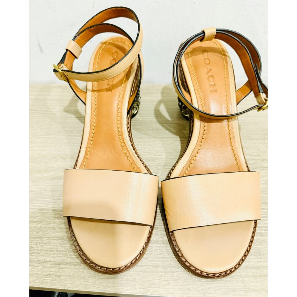 Coach Tea Rose Leather Floral Embellishment Block Heel Sandals Beige Women's 9.5 - Picture 2 of 6